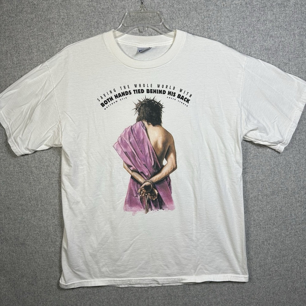 Jesus Saving The Whole World Hand Behind His Back Vintage T-Shirt Mens XL